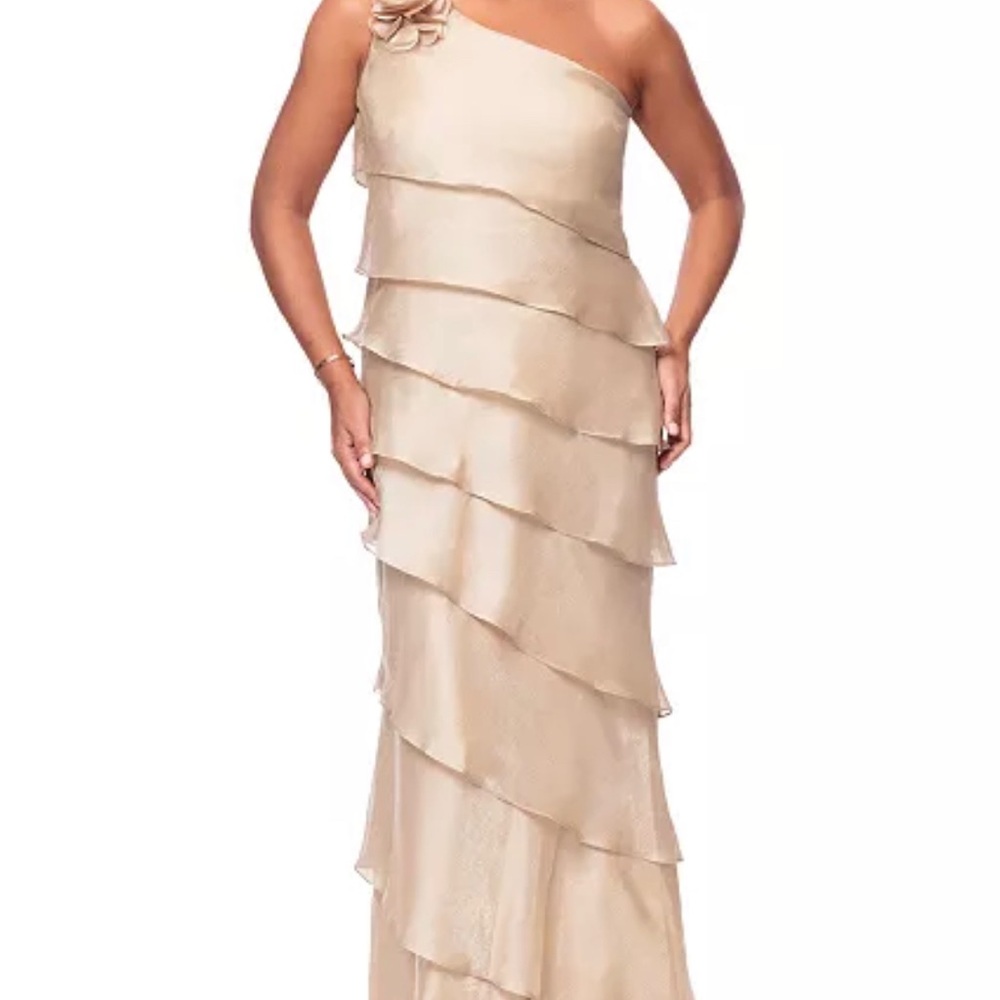 Xscape Gold One Shoulder Ruffled Gown